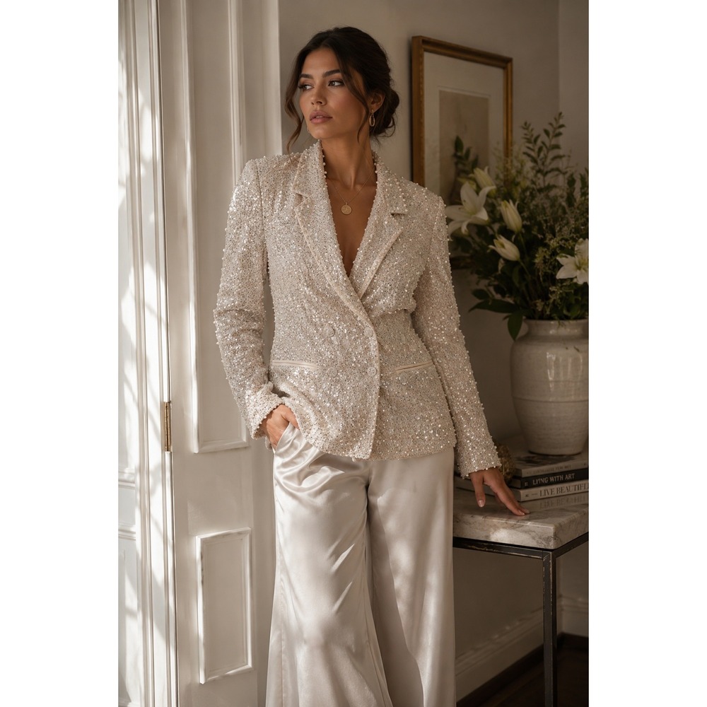 MABLE Sparkly Embellished Pearl Sequin Double Breasted Blazer Jacket Size M